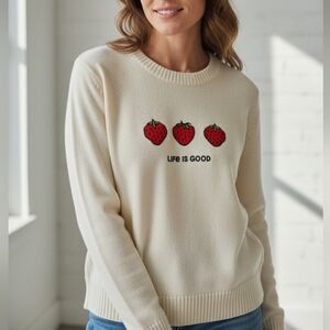 Life Is Good Cotton Blend "Strawberry" Cream Knit Pullover Sweater S